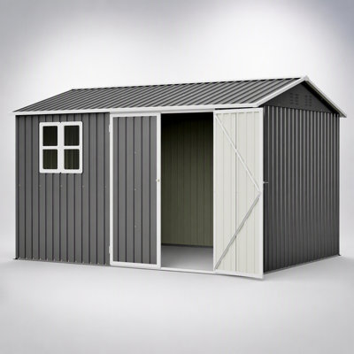 Remise de rangement surdimensionnée en acier 10 po x 8 pi avec fenêtre, portes verrouillables et toit incliné pour le jardin, le patio, la cour et la pelouse - Gris foncé