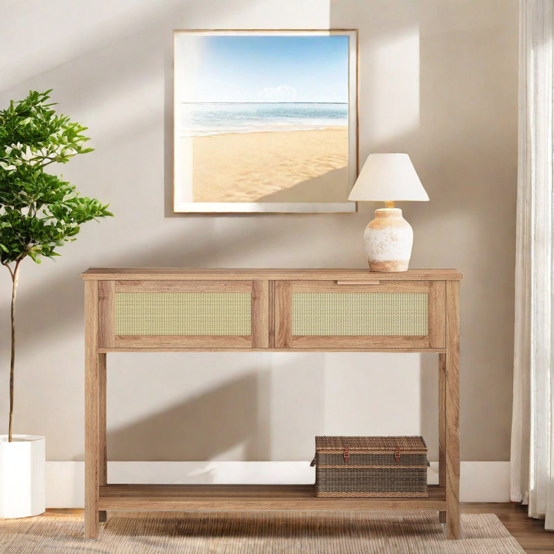Console Table With 2 Rattan Drawers And Open Storage Shelf, Brown