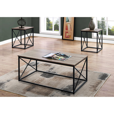 3 tables basses et tables de bout, aspect bois taupe, structure en métal noir 3 pièces dans l'espace de vie: 2 tables, stratifié,