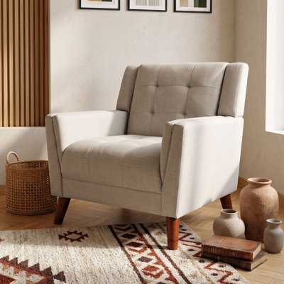 Fauteuil club rembourré de style Mid-Century avec assise capitonnée à motif gaufré, pieds en bois massif, fauteuil d'appoint pour salon