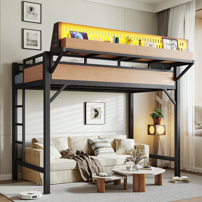 Lit mezzanine en métal avec tablettes de rangement, panneau perforé, lumières USB et DEL, Natural, Extra-long Twin