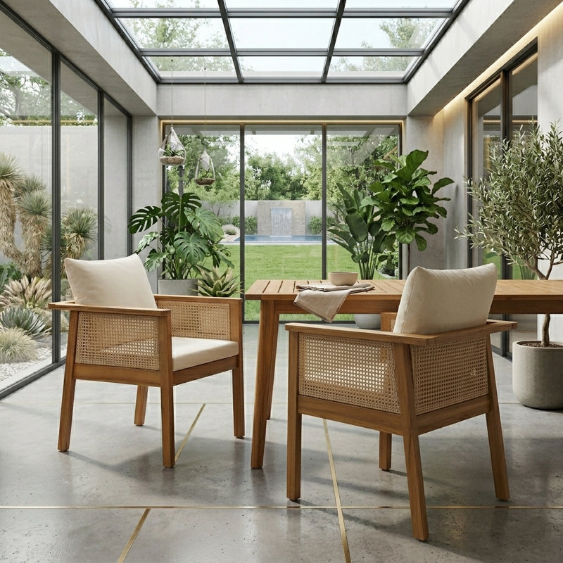 Chaise de salle à manger d'extérieur avec coussins Cunningham (ensemble de 2) - Bois d'acacia durable avec dossier en rotin tissé à la main