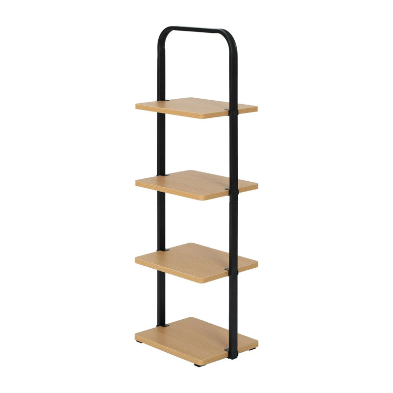 Échelle à chaussures en bois à 4 niveaux, structure noire avec tablettes en bois de miel clair, peut contenir jusqu'à 4 paires, idéale pour le vestibule ou le coin de la chambre à coucher