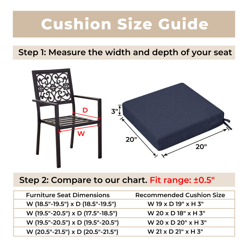 Coussins de siège d'extérieur imperméables pour meubles de patio, 3", L 20 po x P 20 po, Marine