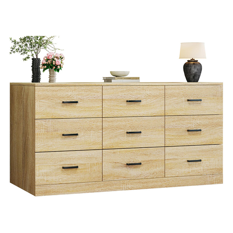 9 Drawer Dresser For Bedroom, Natural Wood