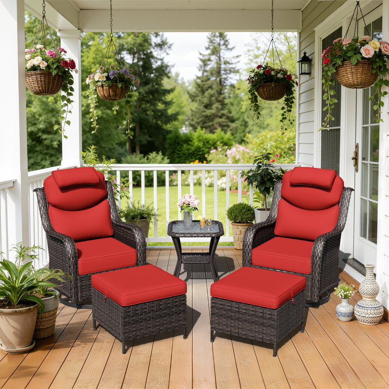 Ensemble de conversation d'extérieur en rotin pour 2 personnes avec chaises pivotantes, coussins d'appui-tête, table d'appoint, repose-pieds et coussins rouges Adcox