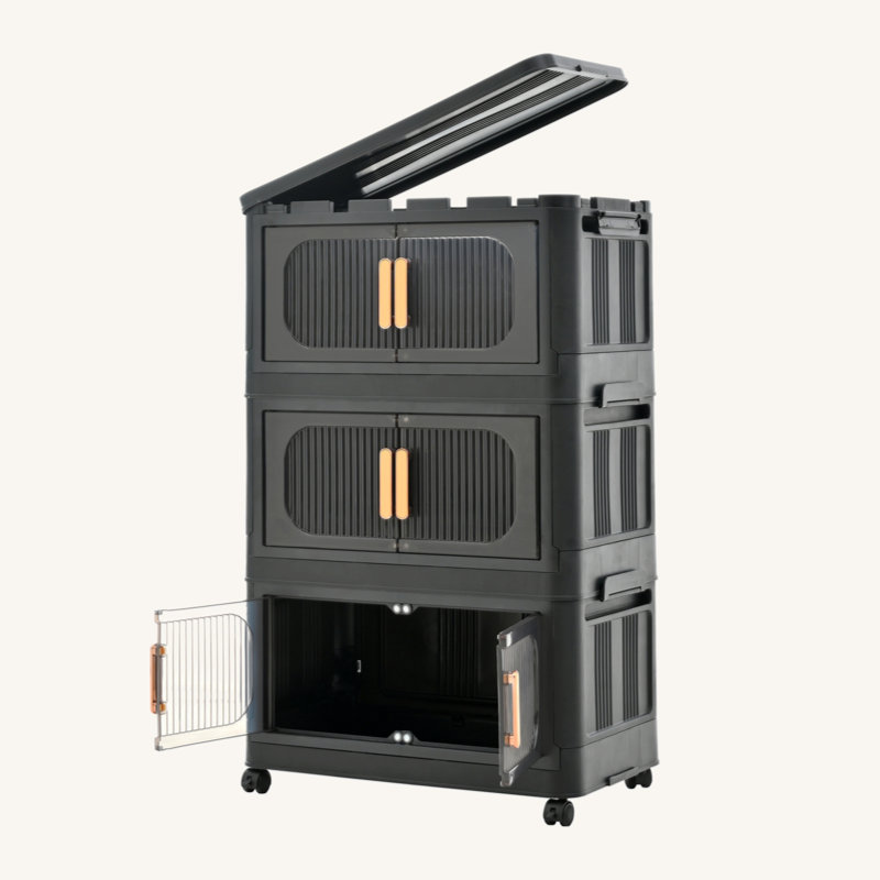 Temir Collapsible 3-Tier Folding Storage Cabinet with Magnetic Doors & Wheels | 19.69"W Plastic Closet Organizer with Wheels