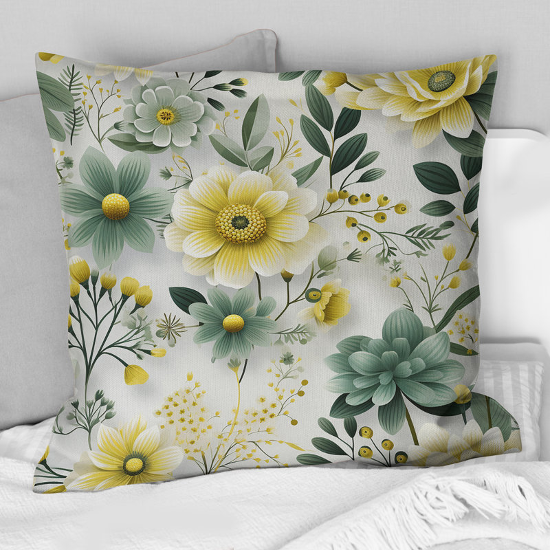 Motif floral vert chic Boho - Coussin décoratif imprimé floral, H 18 po x l 18 po