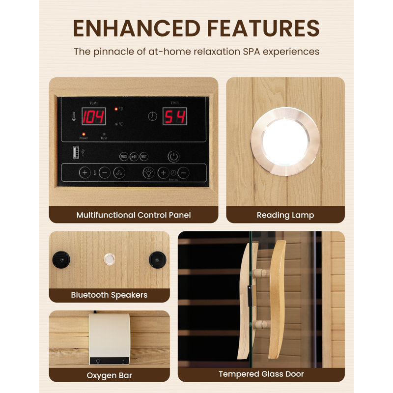 30A Cord 110-120V 3 Person Luxurious Far Infrared Sauna For Home Spa, Low Emf Wooden Dry Sauna Room With Bluetooth Speakers, Lcd Control Panel, Tempered Glass Door, 7 Colors Lighting, 74.76"X80.76"X26.04"