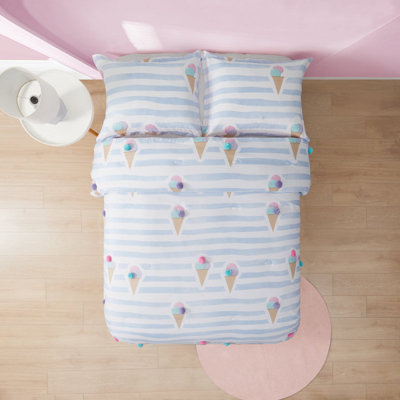 Ensemble d'édredon 3 pièces Pompom Ice Cream, Édredon simple + 1 taie décorative