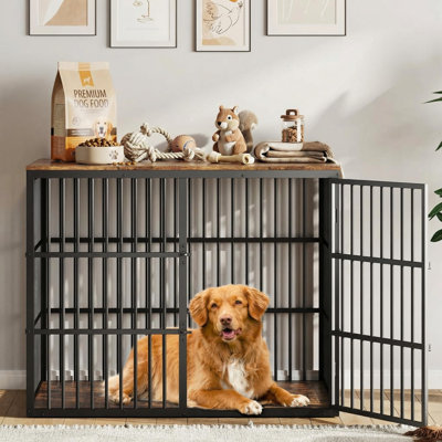 48" Triple-Entry Dog Crate Furniture with 3 Lockable Doors – Heavy Duty Metal Frame Indoor Dog Kennel Cabinet, Spacious End Table for Large Dogs – Brown & Black