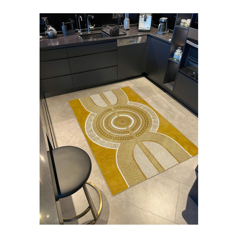 Tapis jaune lavable à base géométrique tissé, Sous-tapis rectangulaire de 3 pi 3 po x 4 pi 11 po