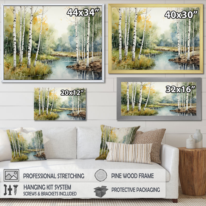 Birch Woods Silent Woods II - arbre, art mural Birch, H 12 po x l 20 po x P 1 po, Cadre flottant blanc