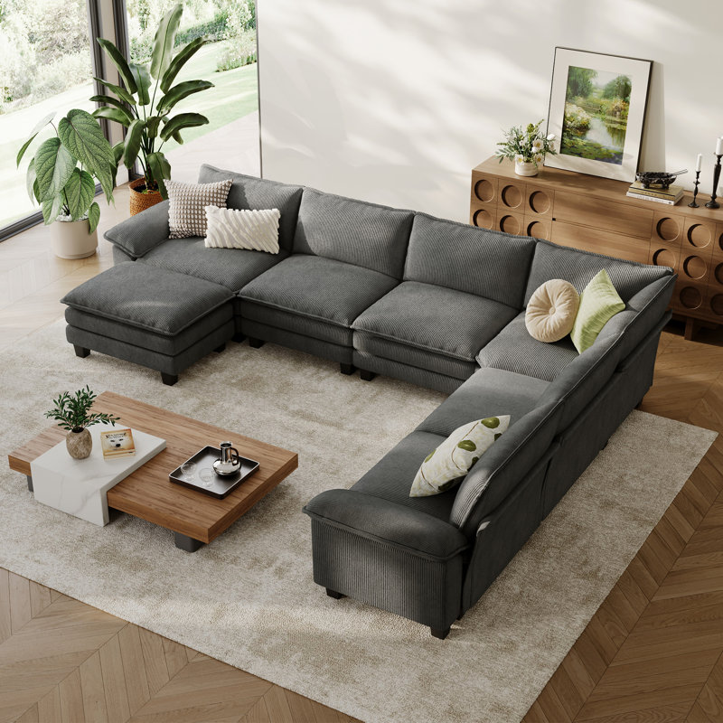 Colbey 153" Corduroy Cloud Modular Corner Sectional Sofa, 6 Seat With Movable Ottoman, Lena Gray Corduroy
