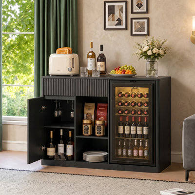52" Fluted Fridge Cabinet with Power Outlet, Coffee Bar Storage with Drawers and Adjustable Shelves