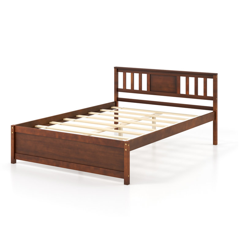 Full Size Mid-Century Pine Solid Wood Platform Bed Frame with Headboard Slat Support, Walnut, Full