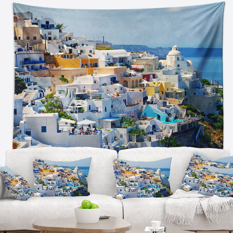 Tapisserie abstraite de la ville de Fira à Santorin, H 68 po x l 80 po