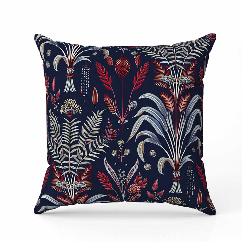 Coussin en suède Indian Dabu Flora, Bleu/rouge, Carré 16 po