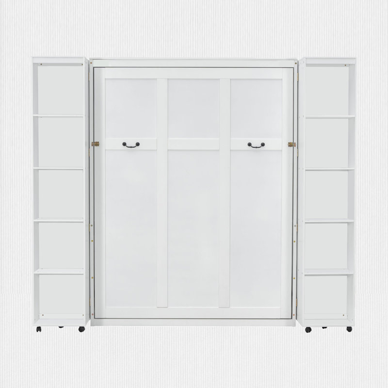 Grand lit escamotable avec tablettes de rangement, Blanc