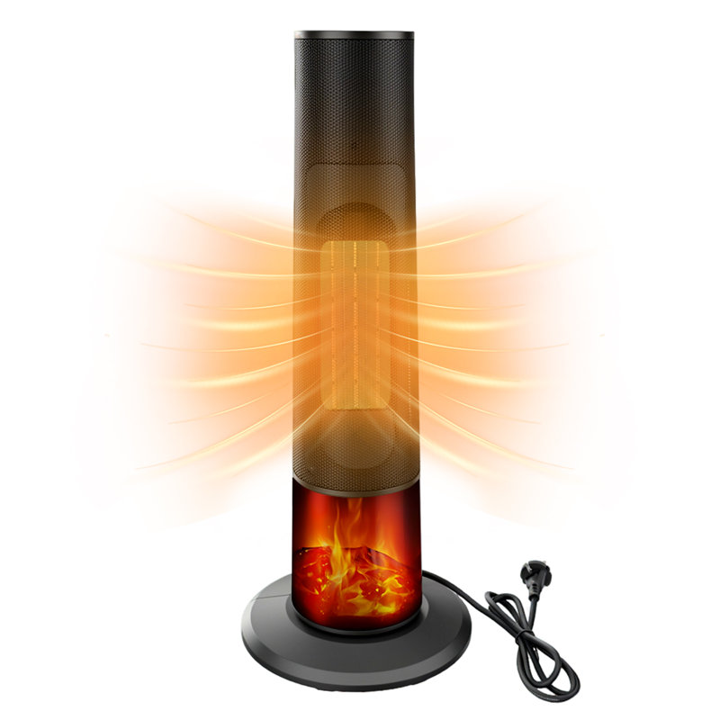 Chauffage d'appoint tour de 63,5 cm (25 po), 1500 W, céramique PTC, chauffage rapide avec effet flamme 3D, deux niveaux de puissance, minuterie de 1 à 12 h, protections de sécurité multiples, pour chambre, bureau ou salon