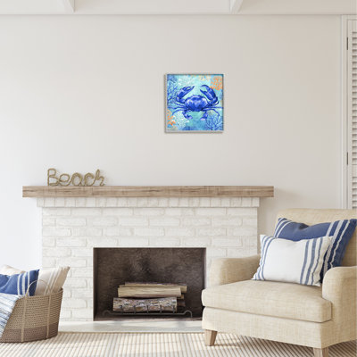Crabe bleu avec art de la giclée encadrée de corail par Levison Design