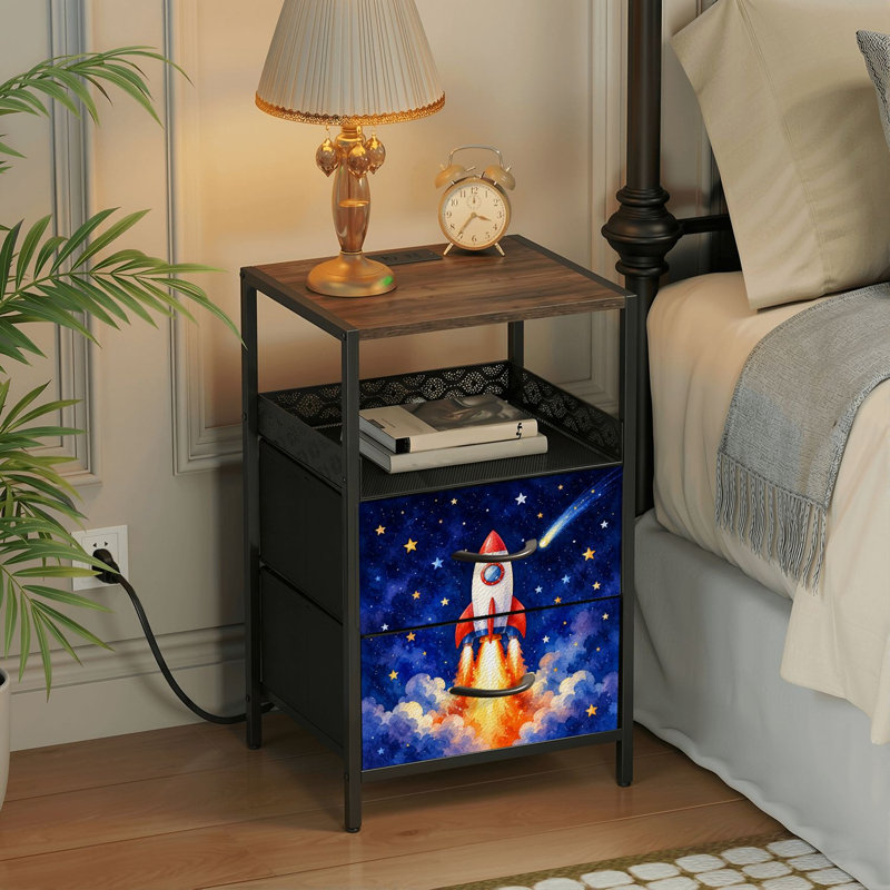 Table de chevet 2 tiroirs avec station de charge, table de chevet pour chambre avec ports USB et amp; Table de chevet noire Outlets