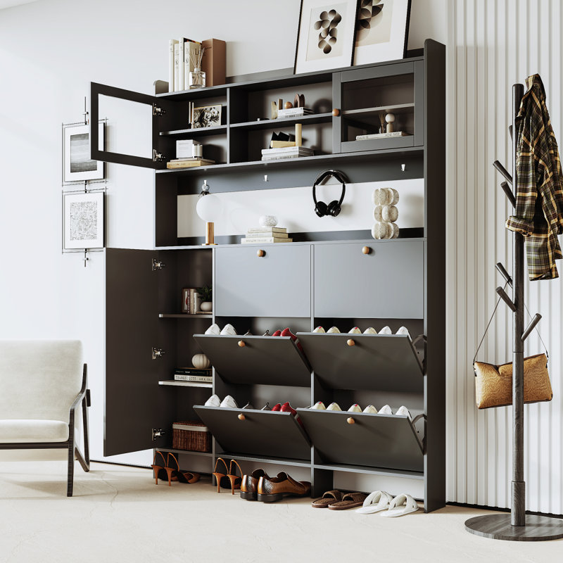 Multifunctional Tipping Bucket Shoe Cabinet With Storage Shelf & 6 Flip Drawers, Large Hall Tree With Tempeglass Doors, Foyer Cabinet With 4 Hooks For Hallway