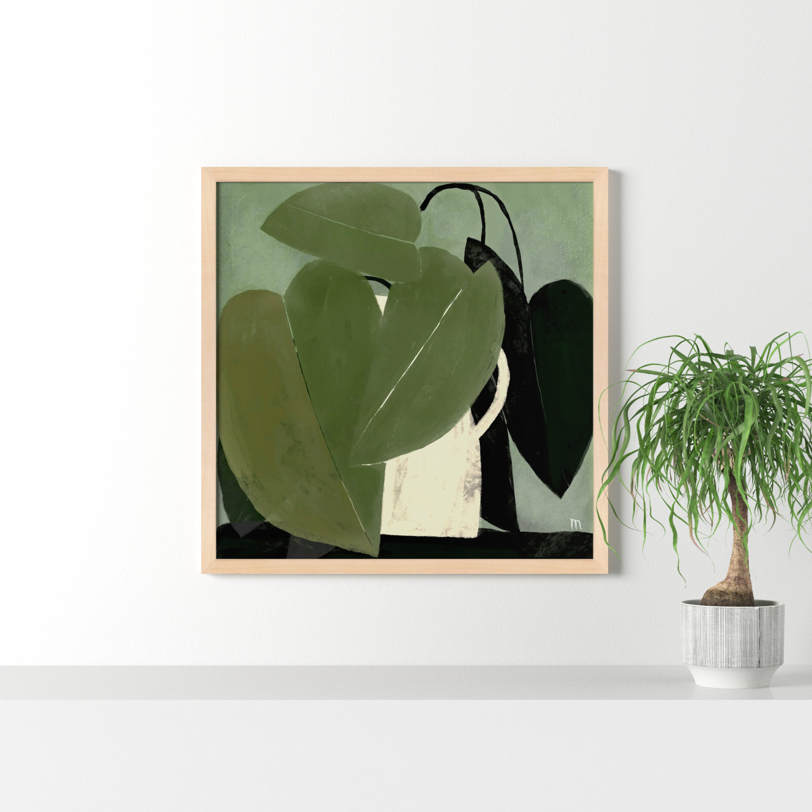 Plant "Green on Green" Painting, 36" H x 36" W x 1.25" D, Brown