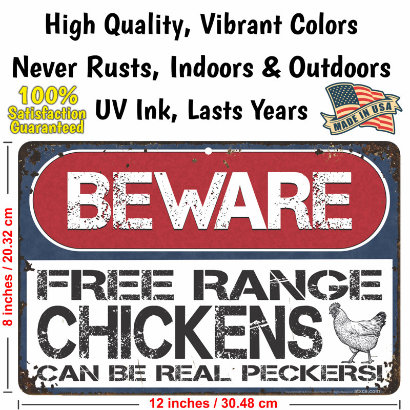 Beware of Chickens Funny Metal Farm Sign 8x12