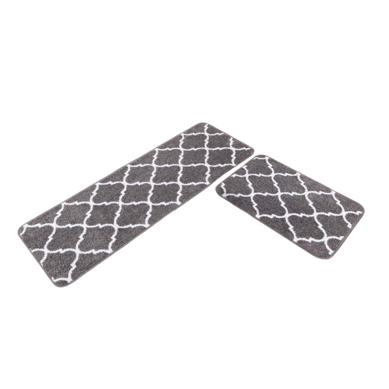 Moroccan Pattern Grey Non-Slip Kitchen Rugs Machine Washable Kitchen Floor Mat 2 Pieces