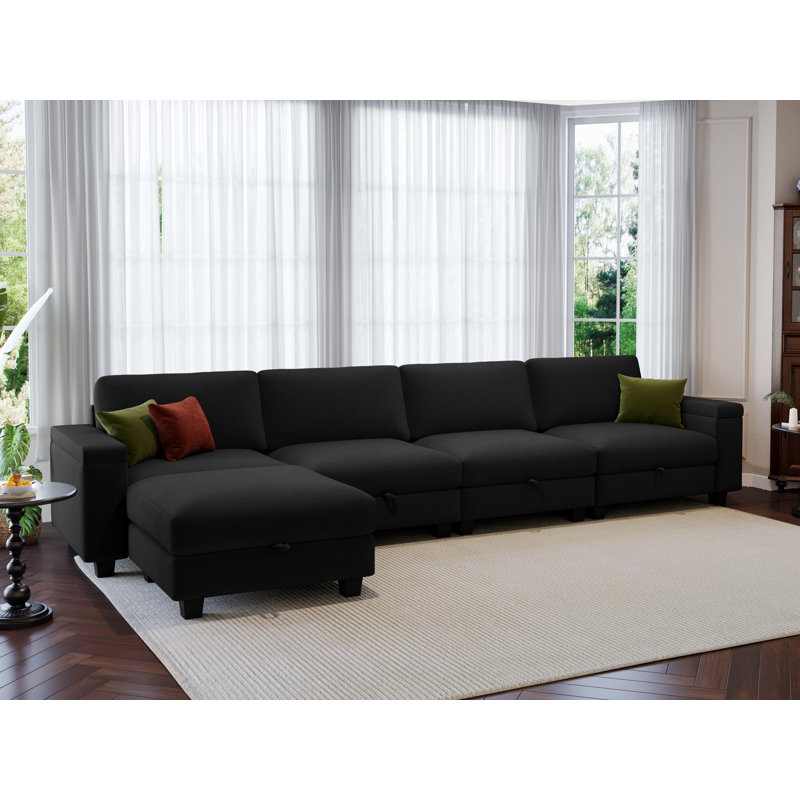 132'' Modular Sectional With Ottoman, Black Linen Blend