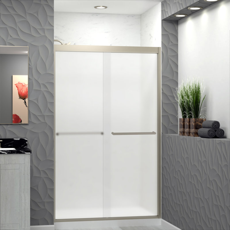 Frederick 45.75'' - 47'' W x 76'' H Bypass Semi-Frameless Shower Door with Frosted Glass, Nickel