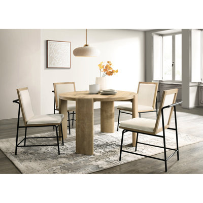 Cream Upholstered Chair Dining , 47-inch Round Table, Solid Rubberwood And Oak Veneer, 1 Table 4 Chairs, 35.5-inch Height, 18.5-inch Seat Width With , 30.5-inch 19.5-inch Height