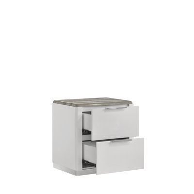 Table de chevet 2 tiroirs Jazz Modern avec plateau en grain de marbre gris, quincaillerie chromée et finition laquée blanche en blanc