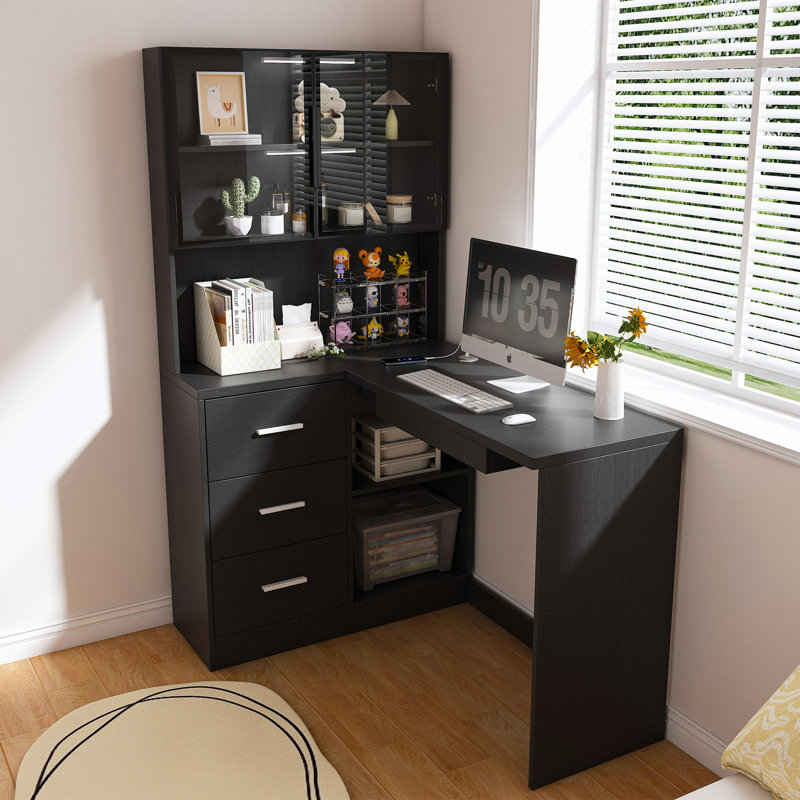 Computer Desk With Glass Cabinets & Built-In LED Lights, Corner L-Shaped Office Desk With USB Charging Ports, Keyboard Tray, Ergonomic Design For Home And Corporate Workspaces