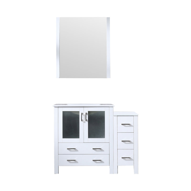 Meuble-lavabo simple l 42 po x P 18,25 po avec armoire latérale, comptoir en céramique blanche et miroir 28 po Volez, Blanc