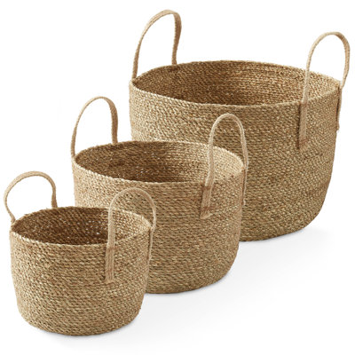 3 Seagrass Storage Basket Planters with Jute Handles, Boho Woven Bins