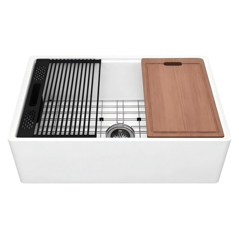 NOZLOO - L 33 po x l 20 po - Évier de cuisine en argile réfractaire, station de travail à cuve simple à tablier lisse avec planche à découper, blanc