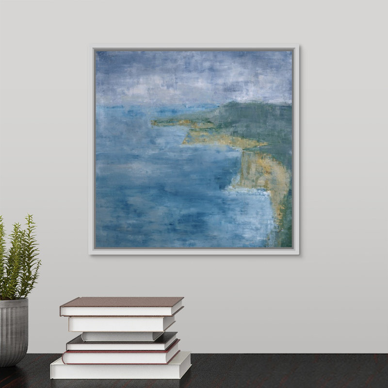 « seaside falaises », peinture sur toile, H 13,7 po x l 13,7 po x p 1,75 po, Cadre flottant blanc