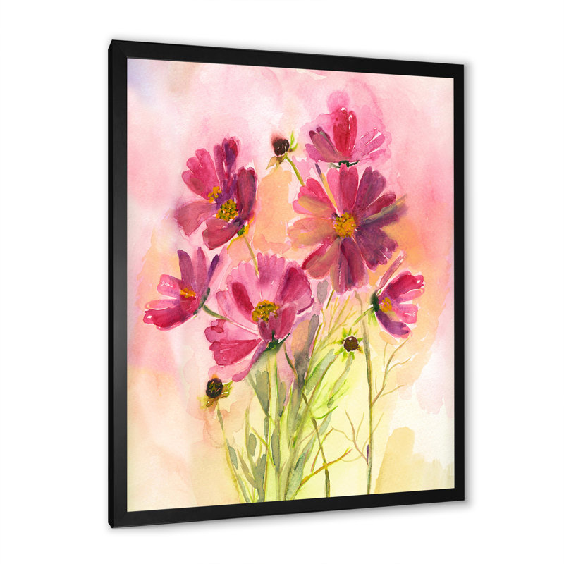 Cosmos fleurs roses - reproduction de cadre photo sur toile, H 32 po x l 16 po x P 1 po, Cadre noir