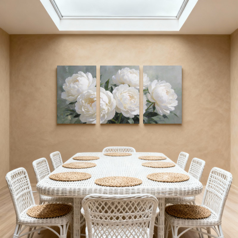 Plantes et fleurs, pivoines blanches, ensemble de 3 impressions sur toile, H 18 po x l 36 po