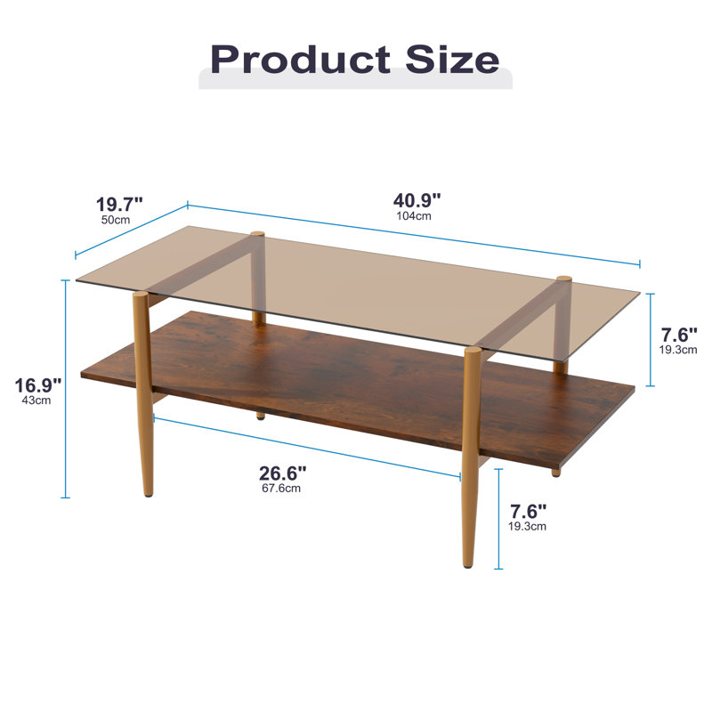 Glass Coffee Table, Rectangle Living Room Center Table With Golden Legs, Mid-century Modern Accent Tables With Open Shelf For Living Room, Office, Brown