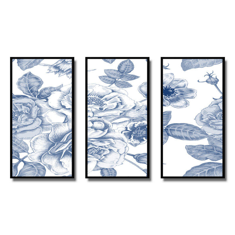 Fleurs blanches blanches rétro sur bleu classique II - ensemble de 3 reproductions d'art encadrées sur toile, Noir