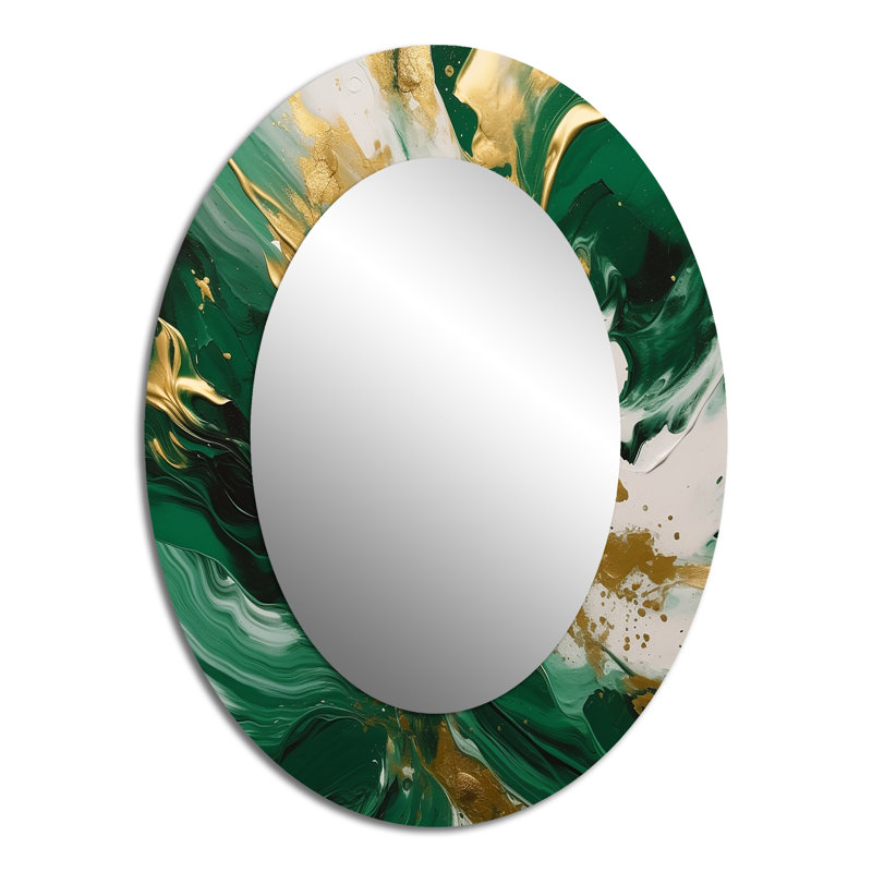 Vert et or Serene Cascade II - Grand miroir mural ovale sur métal, 40 po x 30 po