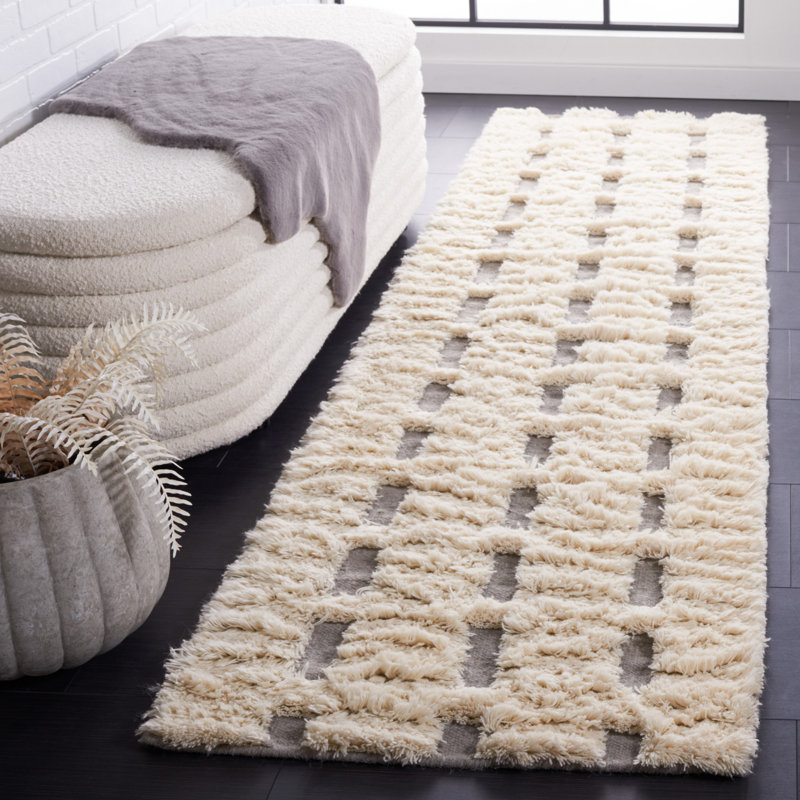 Tapis gris / ivoire en laine et coton tissé à la main Gell, Tapis de couloir 2 pi 3 po x 9 pi