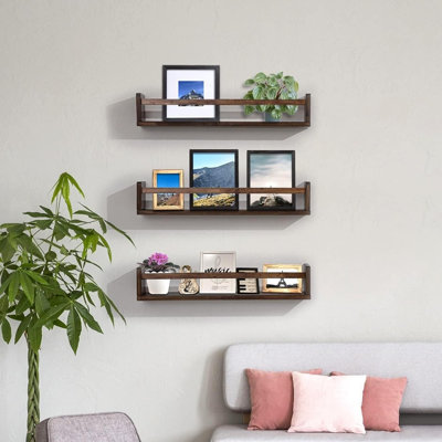 Ensemble de 3 bibliothèques flottantes en noyer de 24 pouces, tablettes murales en bois massif pour la chambre à coucher, le salon et la cuisine