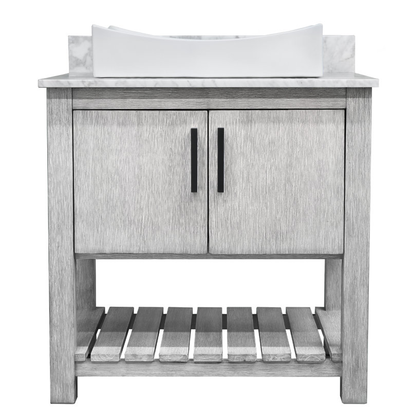 Meuble-lavabo simple de 36 po avec comptoir en marbre de Carrare, lavabo vasque en porcelaine noire, miroir et quincaillerie noir mat