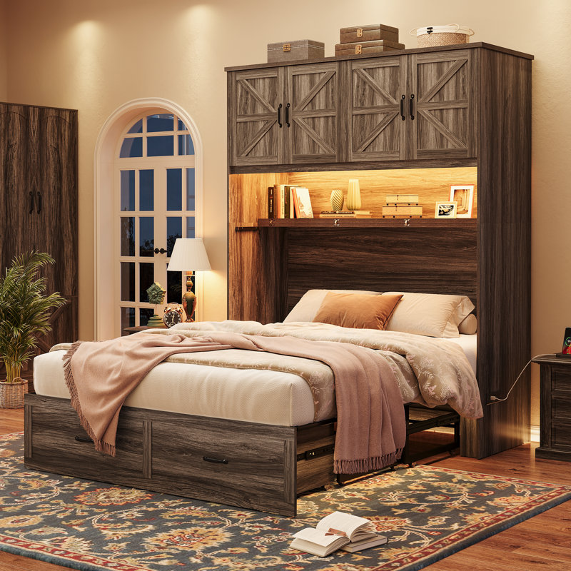 Lit escamotable Queen de style ferme avec éclairage DEL et station de recharge, lit escamotable mural pliable dissimulé, Gris