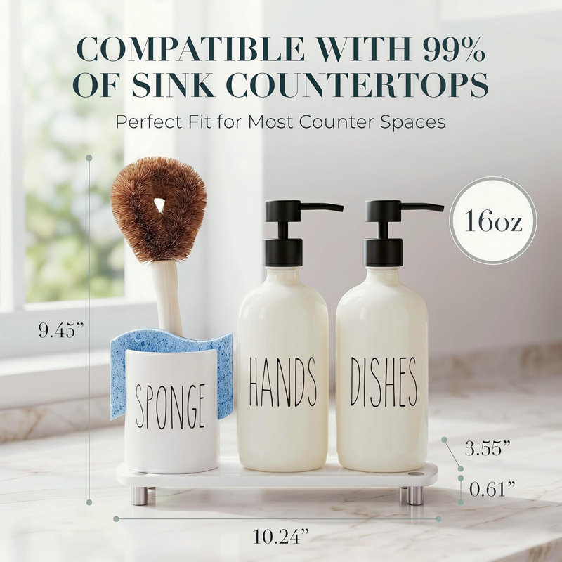 Kitchen Soap Dispenser Set With Ceramic Sponge Holder, Hand And Dish Soap Dispensers With Instant Dry Tray, Soap Dispenser Set For Countertop Sink Organizer Kitchen Decor