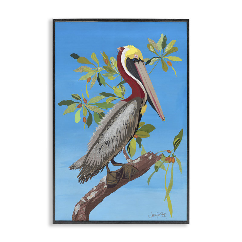 Pélican brun sur arbre, estampe numérique par Jennifer Peck, Giclée encadrée noir minuit, H 24 po x l 16 po